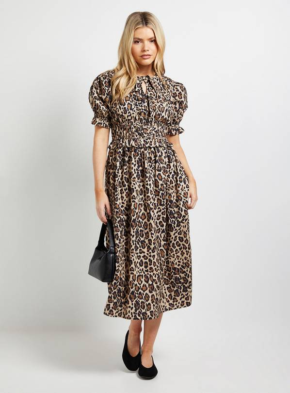DOROTHY PERKINS Leopard Frill Tiered Printed Poplin Midi Smock Dress 8